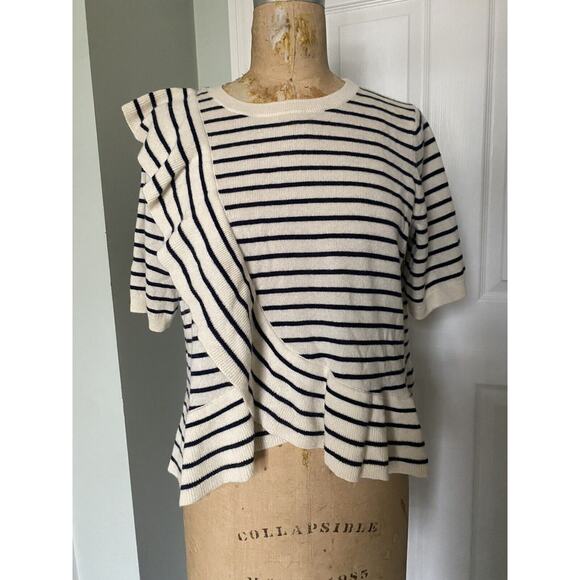 Joie Sweater Striped Jayni Wool Cashmere Top Sz L Short Sleeves Ruffles Crew - Picture 2 of 15